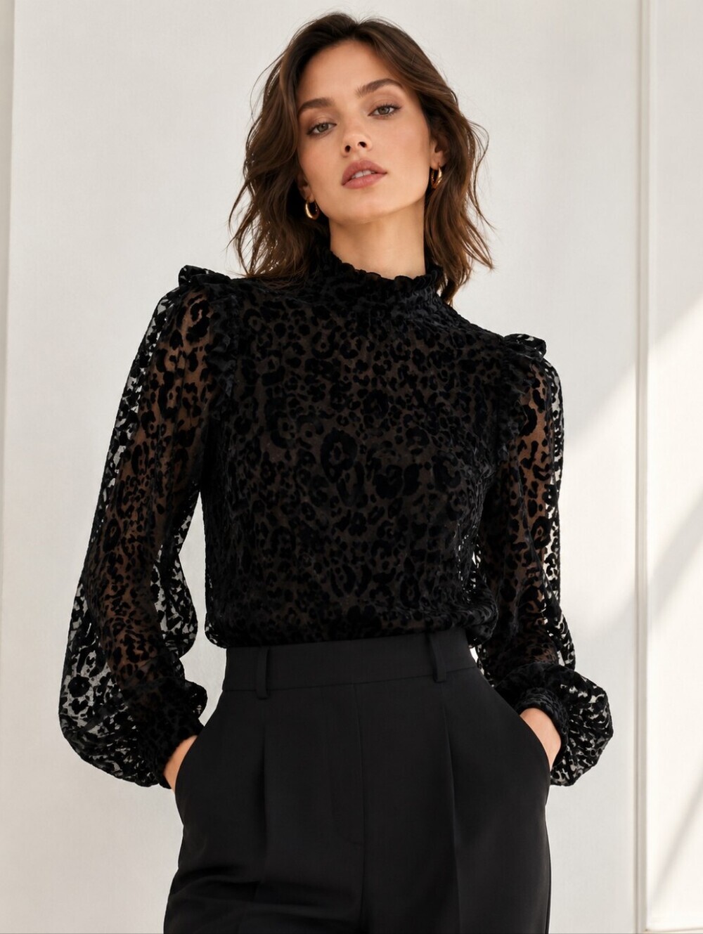 ZARA black sheer leopard print blouse with a subtle velvet/flocked texture